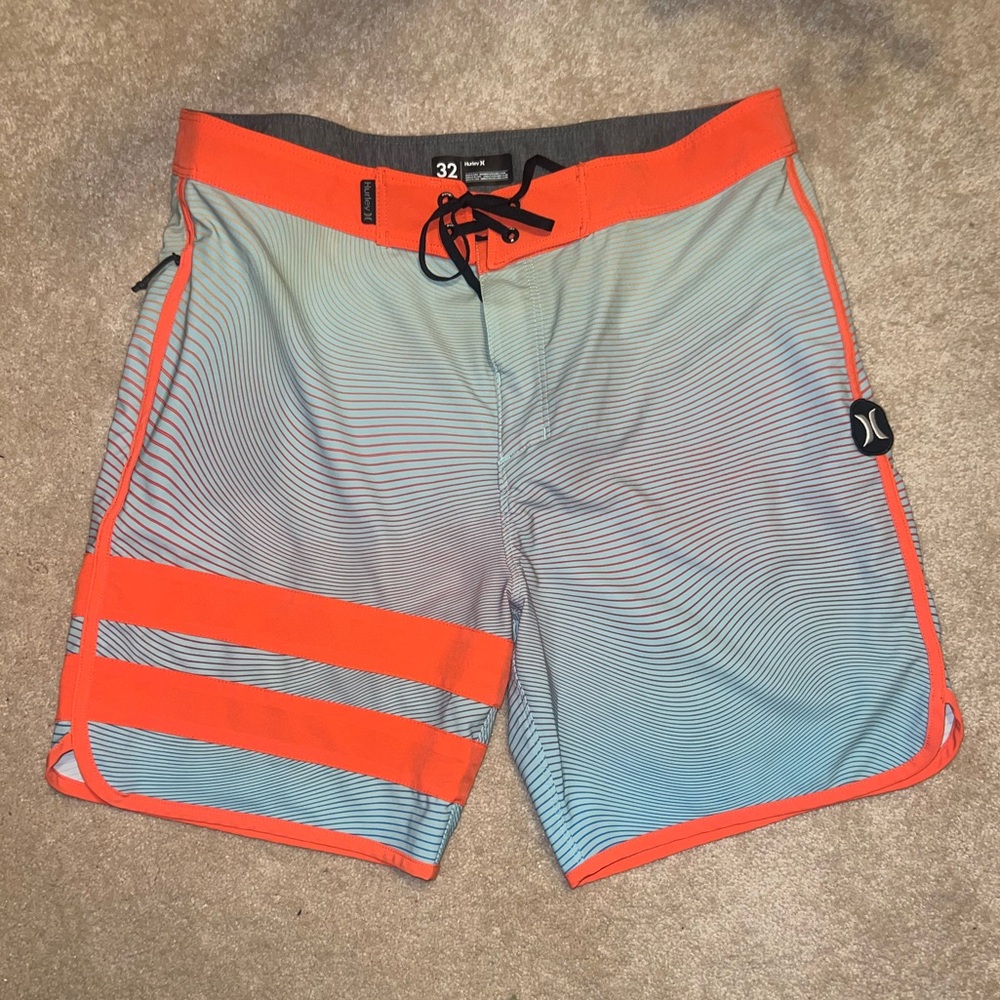 Hurley grey and neon coral striped swim trunks, size 32